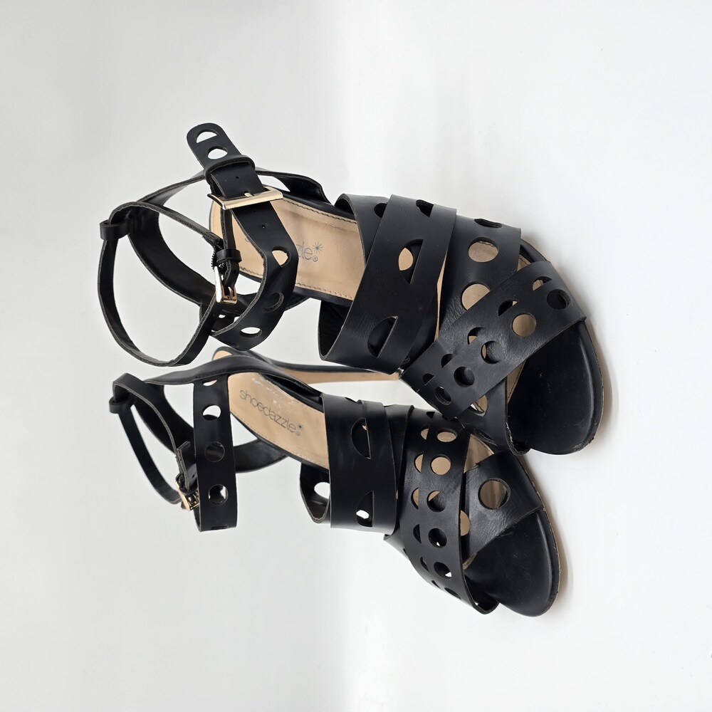 Black Faux Leather Laser Cut Strappy Heels - Size 8.5 - Picture 2 of 16